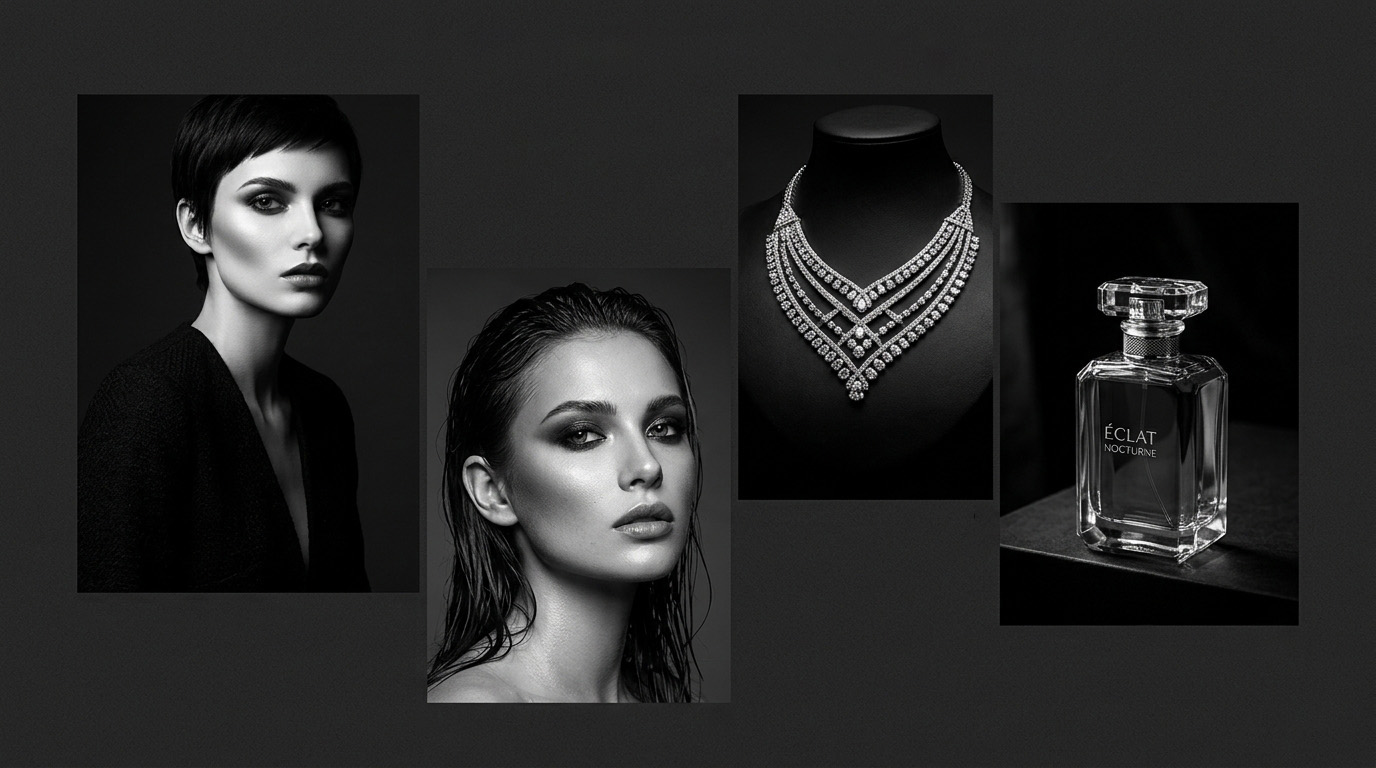 Monochrome Fashion & Diamond Jewelry Showcase Collage